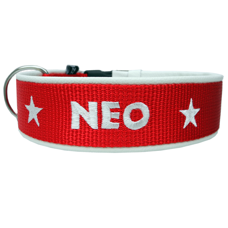 Besticktes Hundehalsband mit Alu-Klickverschluß und Lederpolsterung